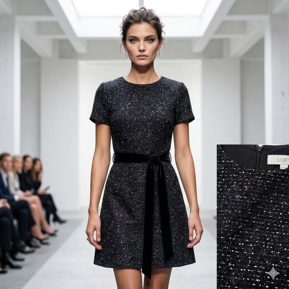 NWT LOFT Black Sparkle Tweed Short Sleeve Belted Dress 6 Church Work LBD Chic‎